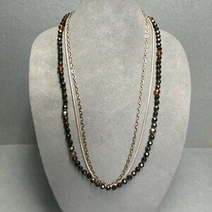 Triple Strand Necklace 28 In Silver Chains Black Beads Amber Faceted Retro Glam